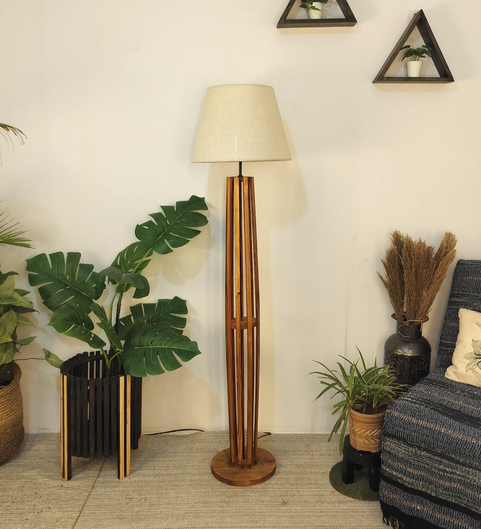 Tall Boy Wooden Floor Lamp With Yellow Printed Fabric Lampshade - WoodenTwist