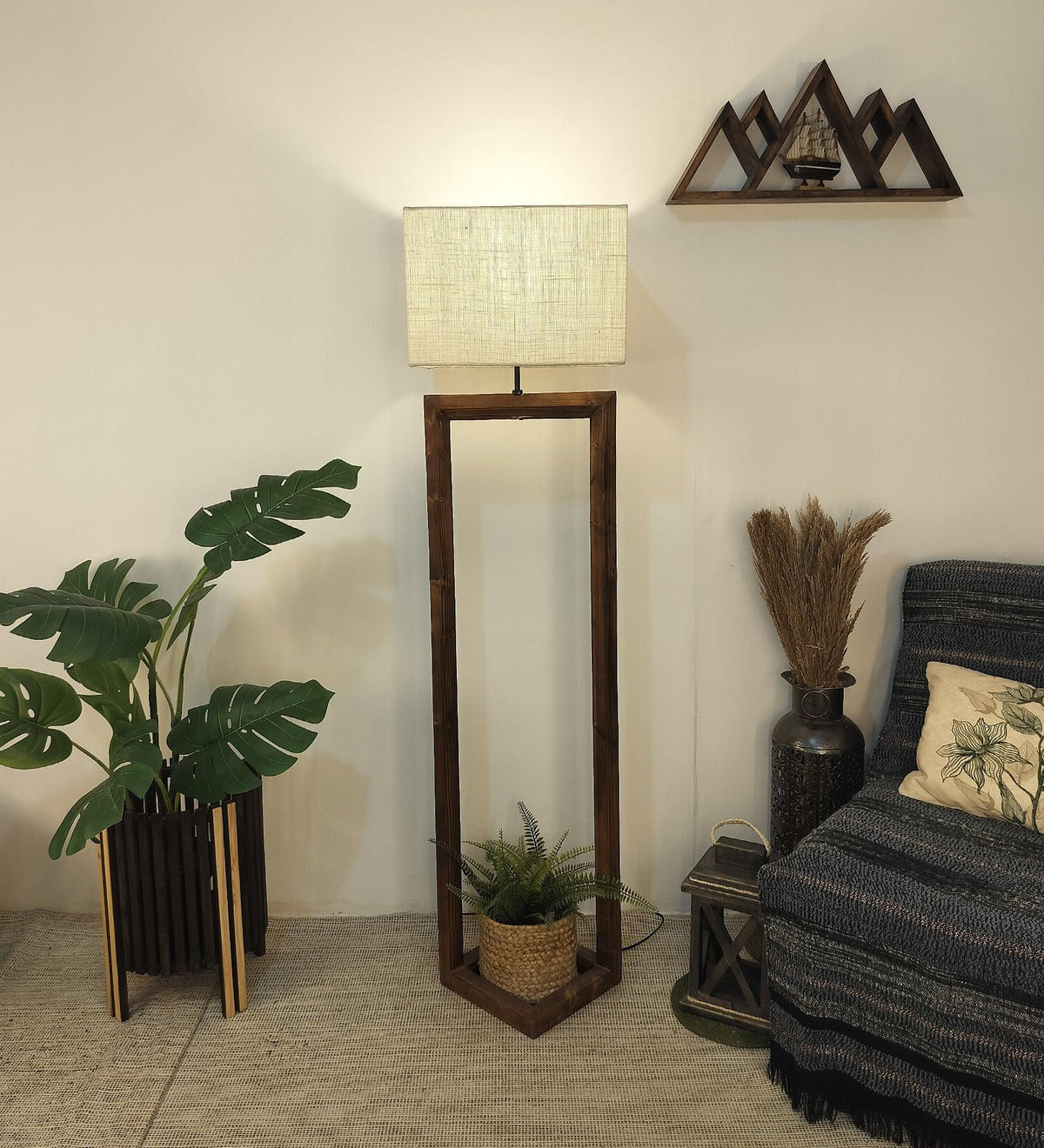 Tesseract Wooden Floor Lamp with Brown Base Beige Fabric Lampshade - WoodenTwist