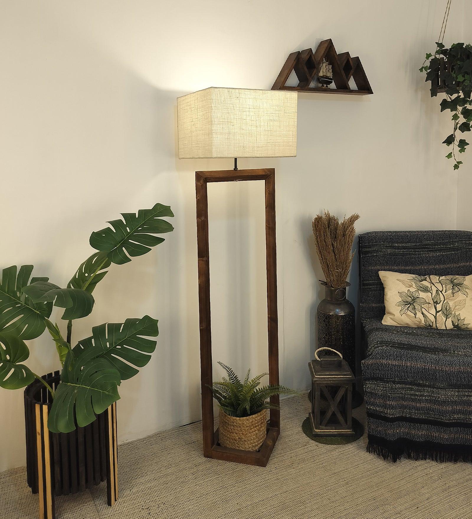 Tesseract Wooden Floor Lamp with Brown Base Beige Fabric Lampshade - WoodenTwist