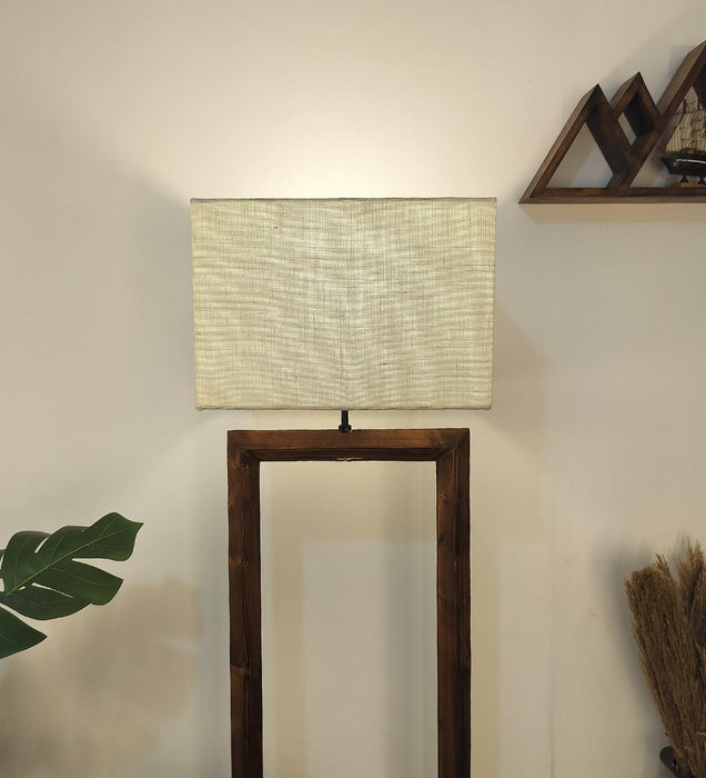 Tesseract Wooden Floor Lamp with Brown Base Beige Fabric Lampshade - WoodenTwist