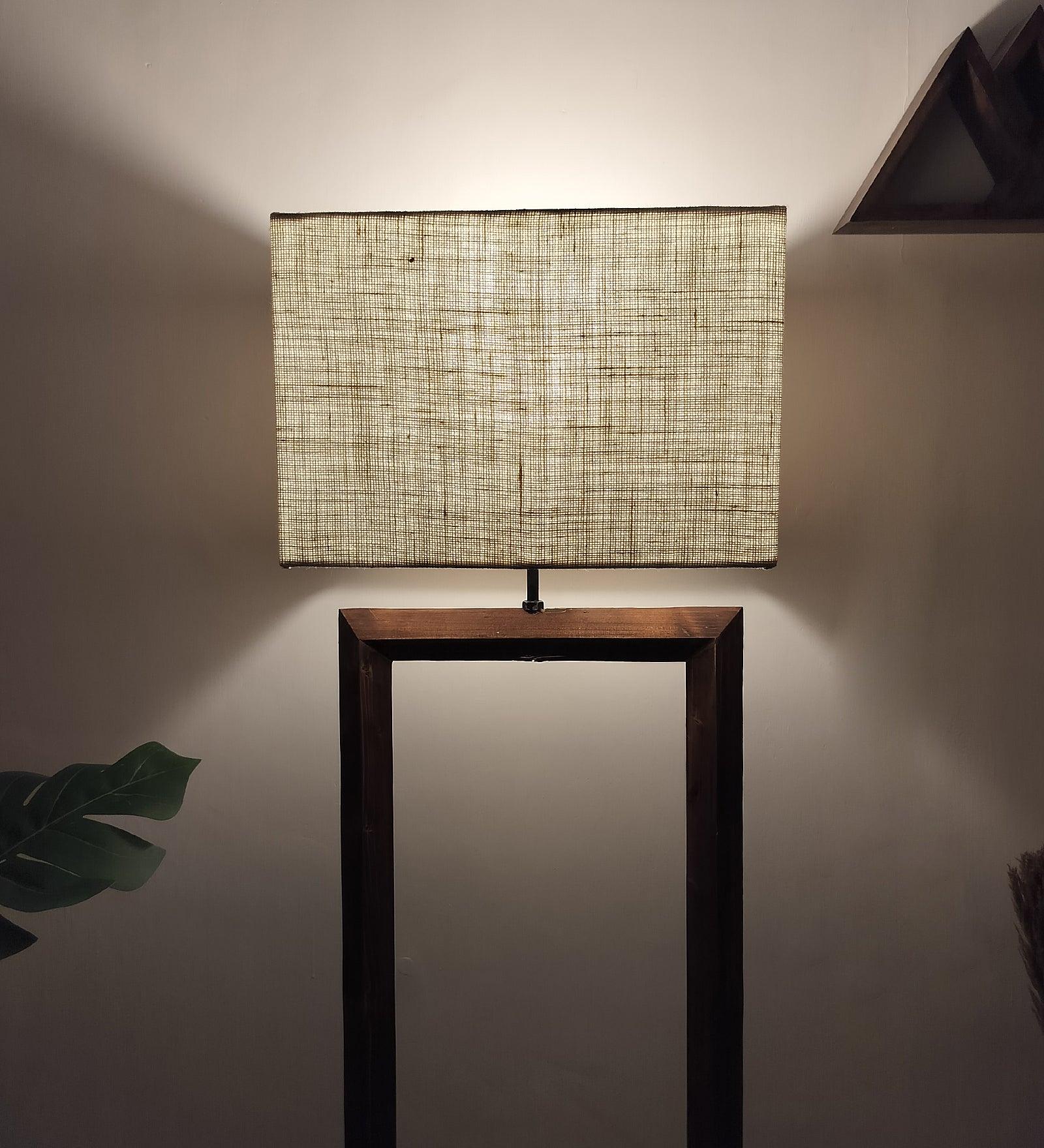 Tesseract Wooden Floor Lamp with Brown Base Beige Fabric Lampshade - WoodenTwist