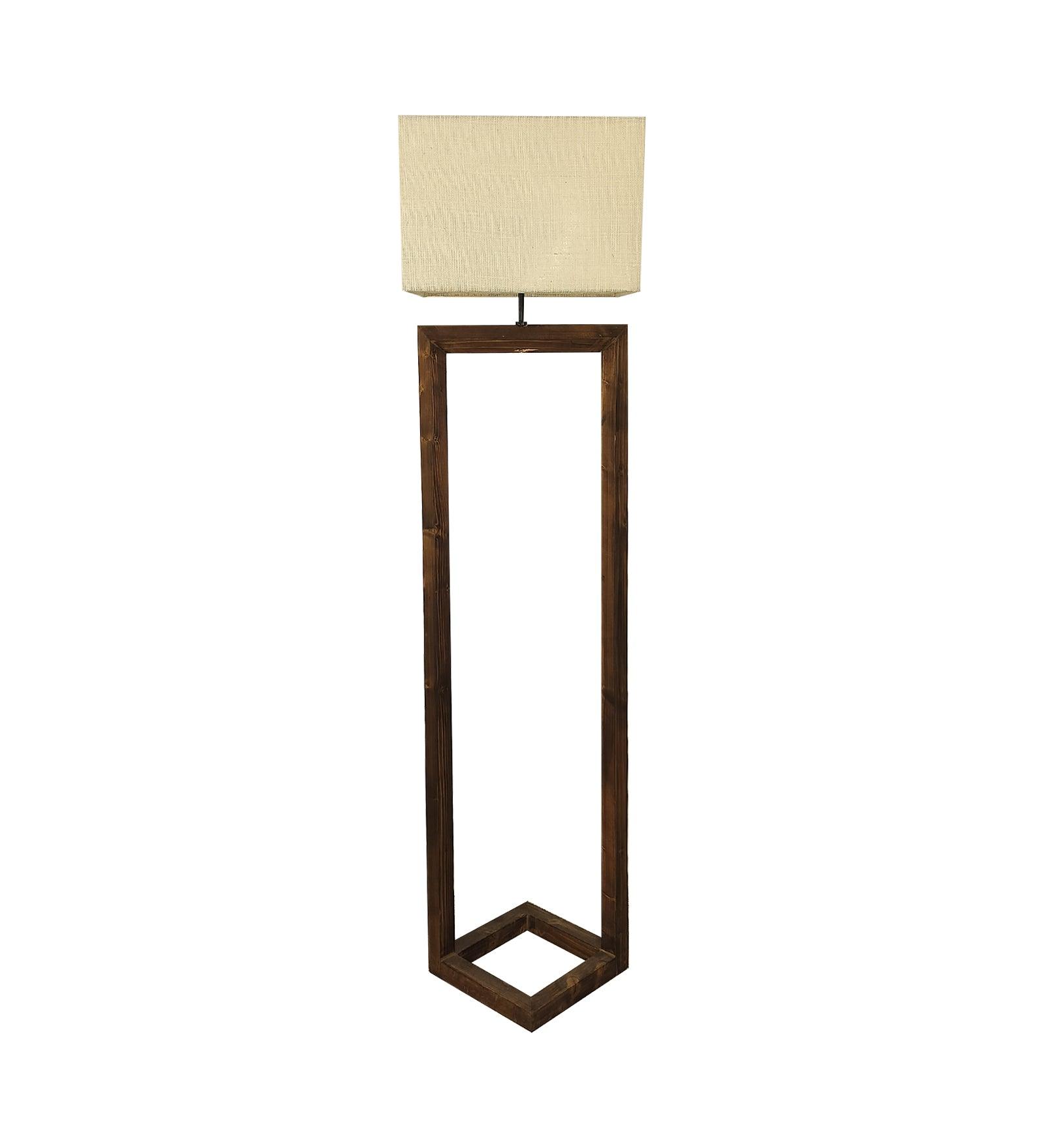 Tesseract Wooden Floor Lamp with Brown Base Beige Fabric Lampshade - WoodenTwist