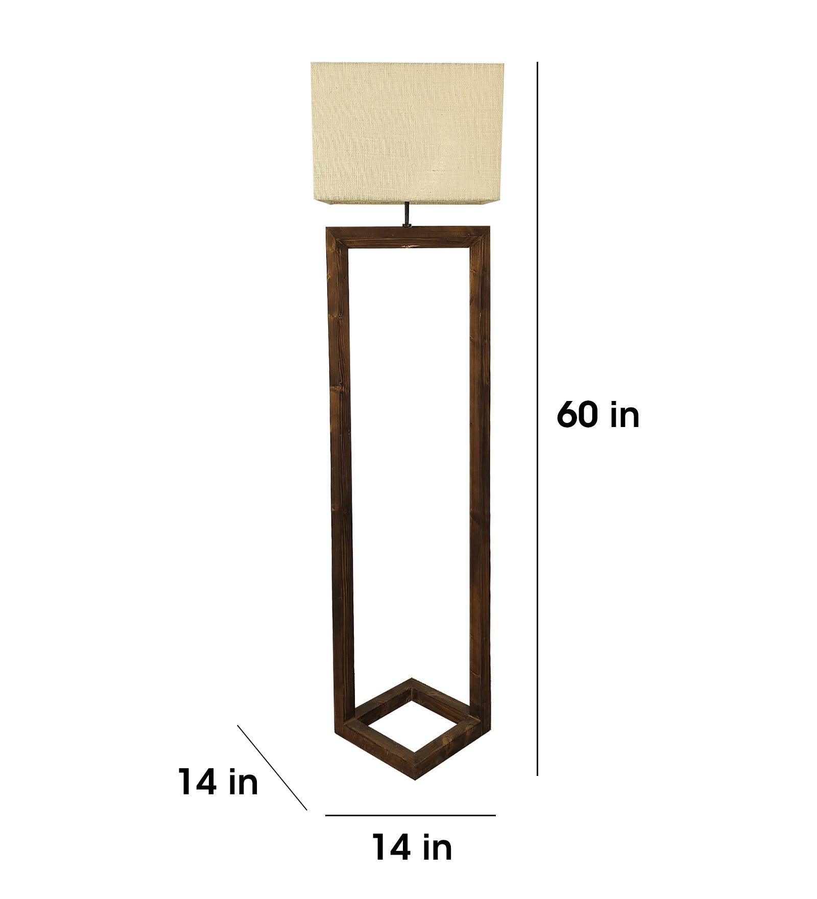 Tesseract Wooden Floor Lamp with Brown Base Beige Fabric Lampshade - WoodenTwist