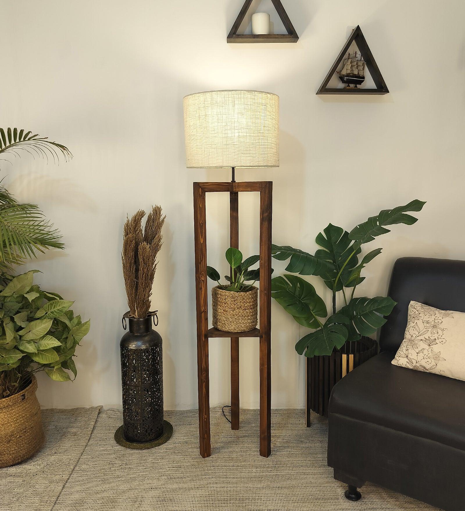 Triad Wooden Floor Lamp with Brown Base and Beige Fabric Lampshade - WoodenTwist