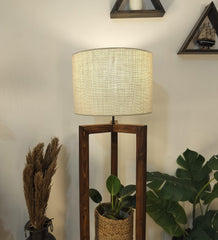 Triad Wooden Floor Lamp with Brown Base and Beige Fabric Lampshade - WoodenTwist