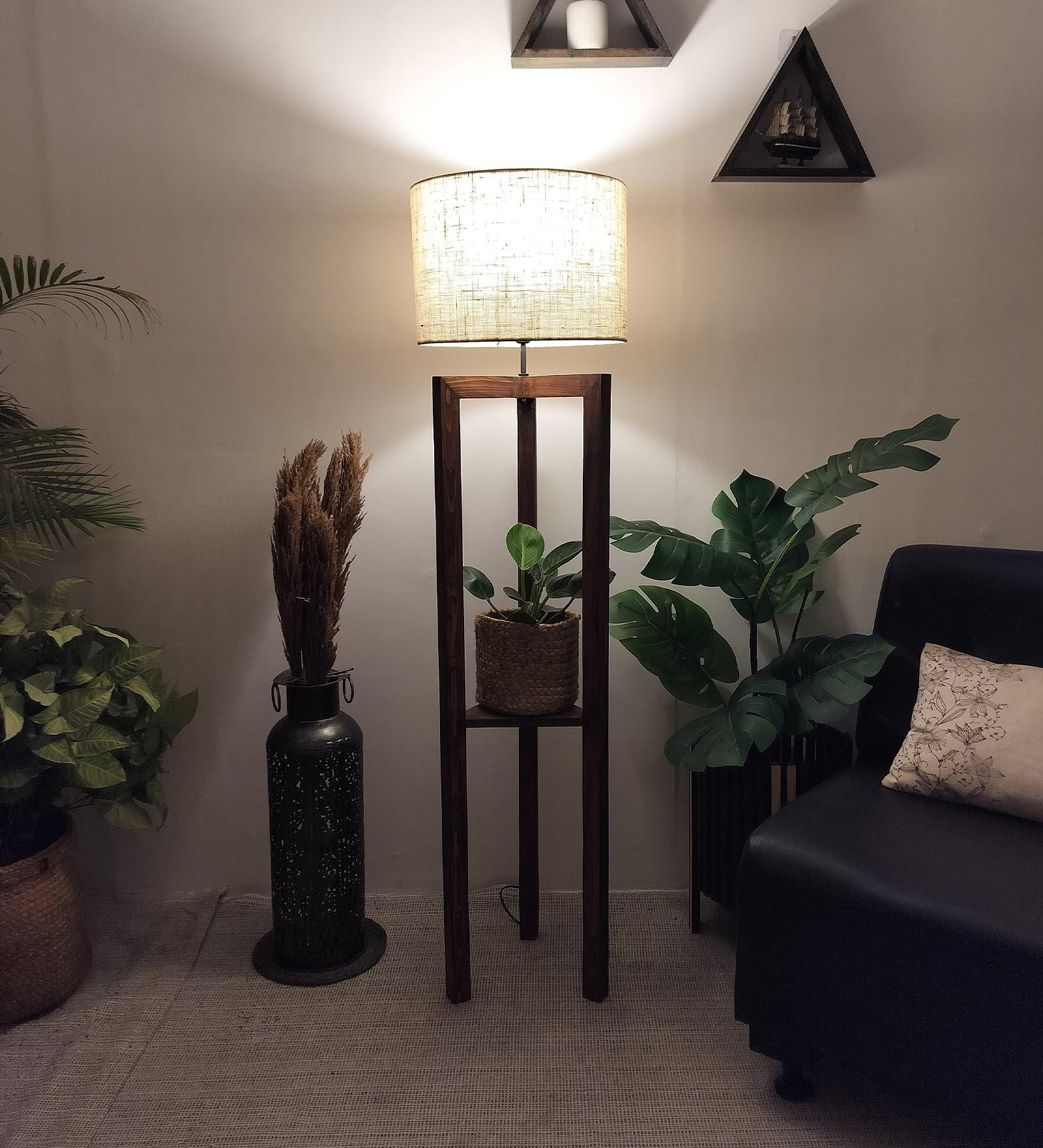 Triad Wooden Floor Lamp with Brown Base and Beige Fabric Lampshade - WoodenTwist