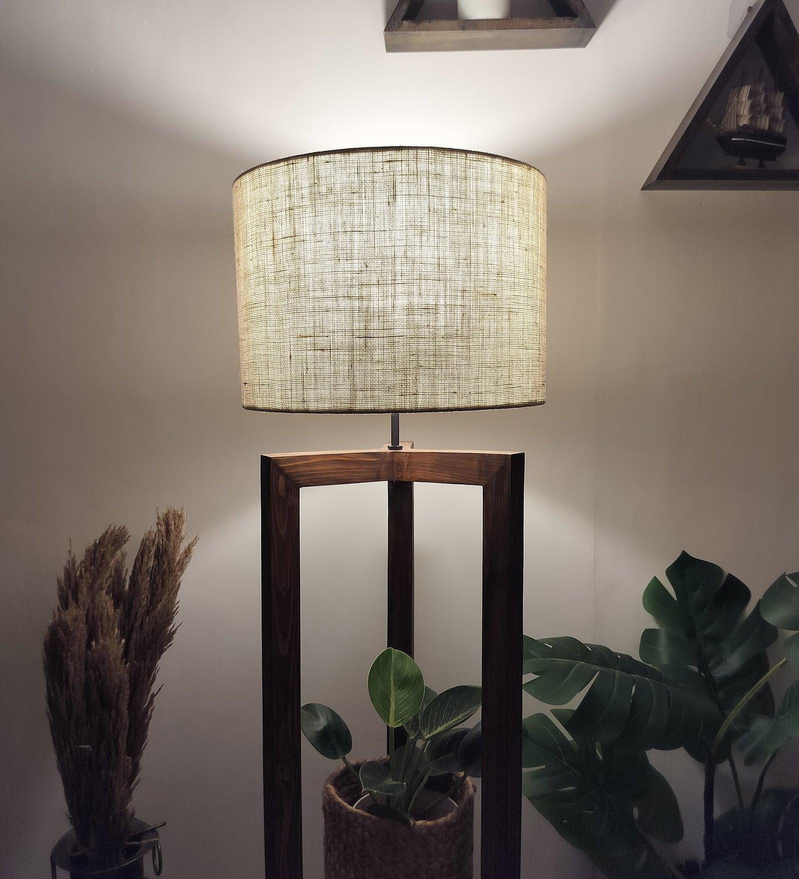 Triad Wooden Floor Lamp with Brown Base and Beige Fabric Lampshade - WoodenTwist