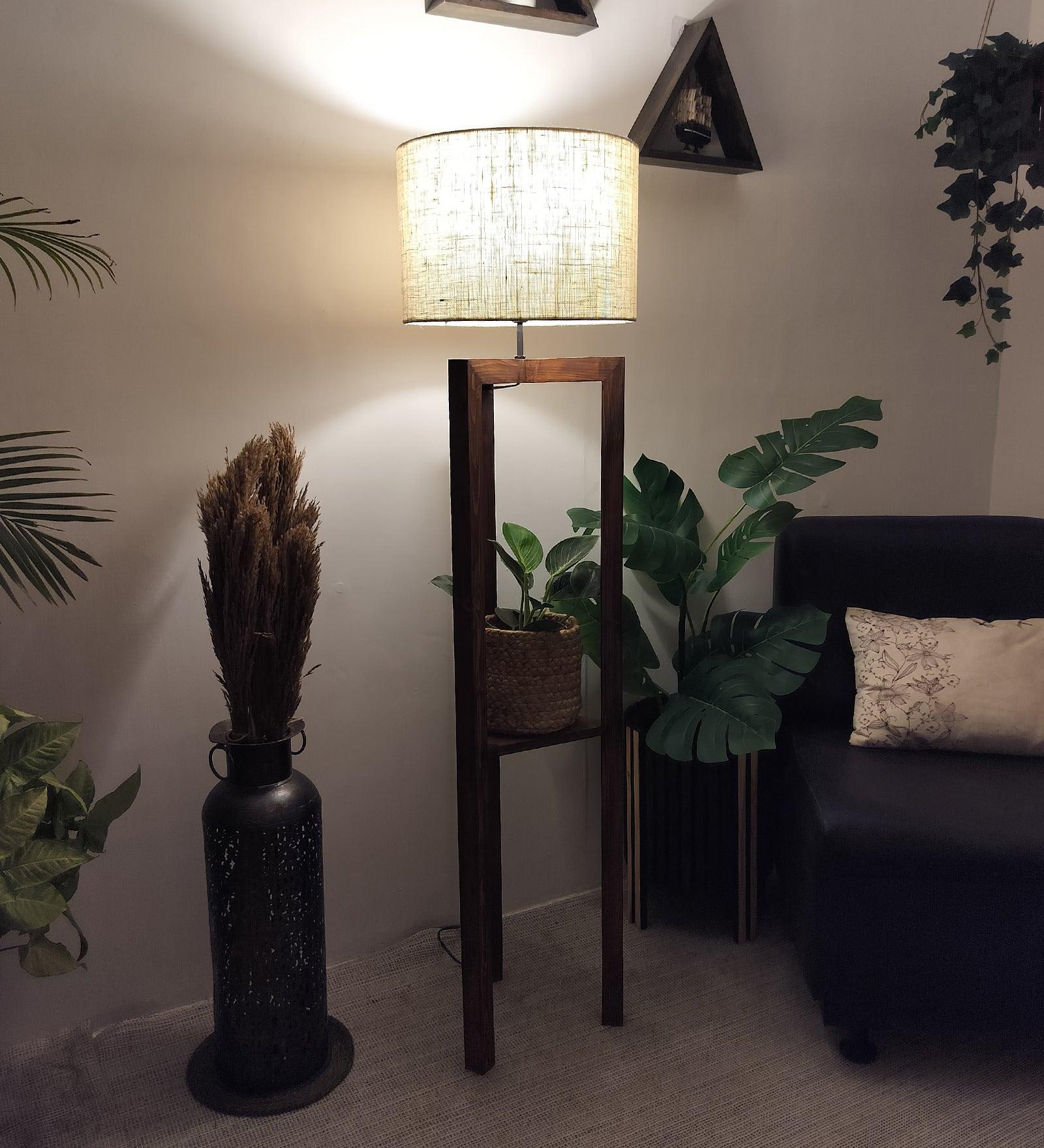 Triad Wooden Floor Lamp with Brown Base and Beige Fabric Lampshade - WoodenTwist