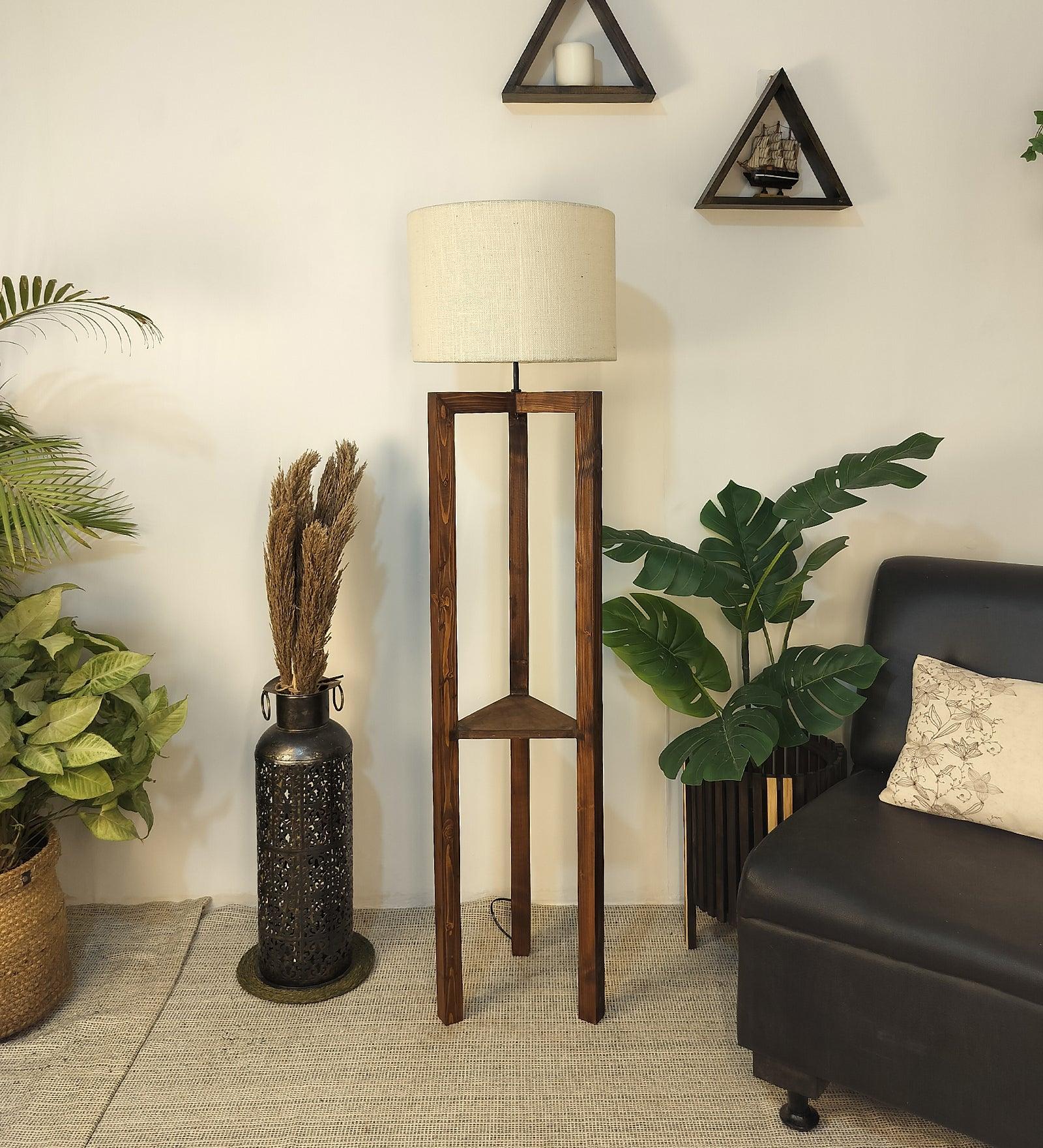 Triad Wooden Floor Lamp with Brown Base and Beige Fabric Lampshade - WoodenTwist