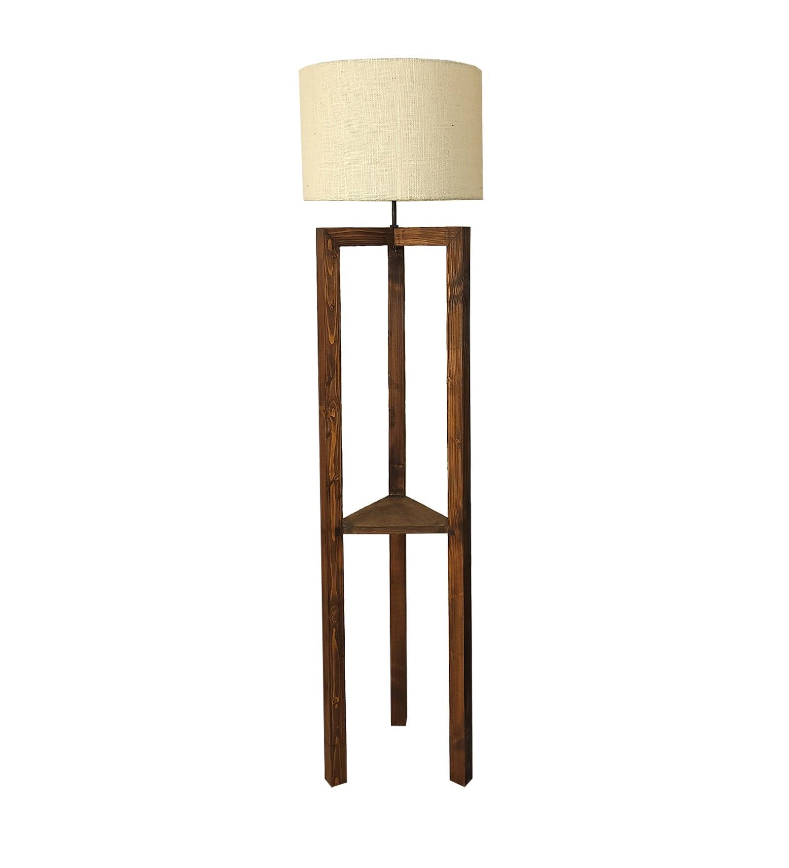 Triad Wooden Floor Lamp with Brown Base and Beige Fabric Lampshade - WoodenTwist