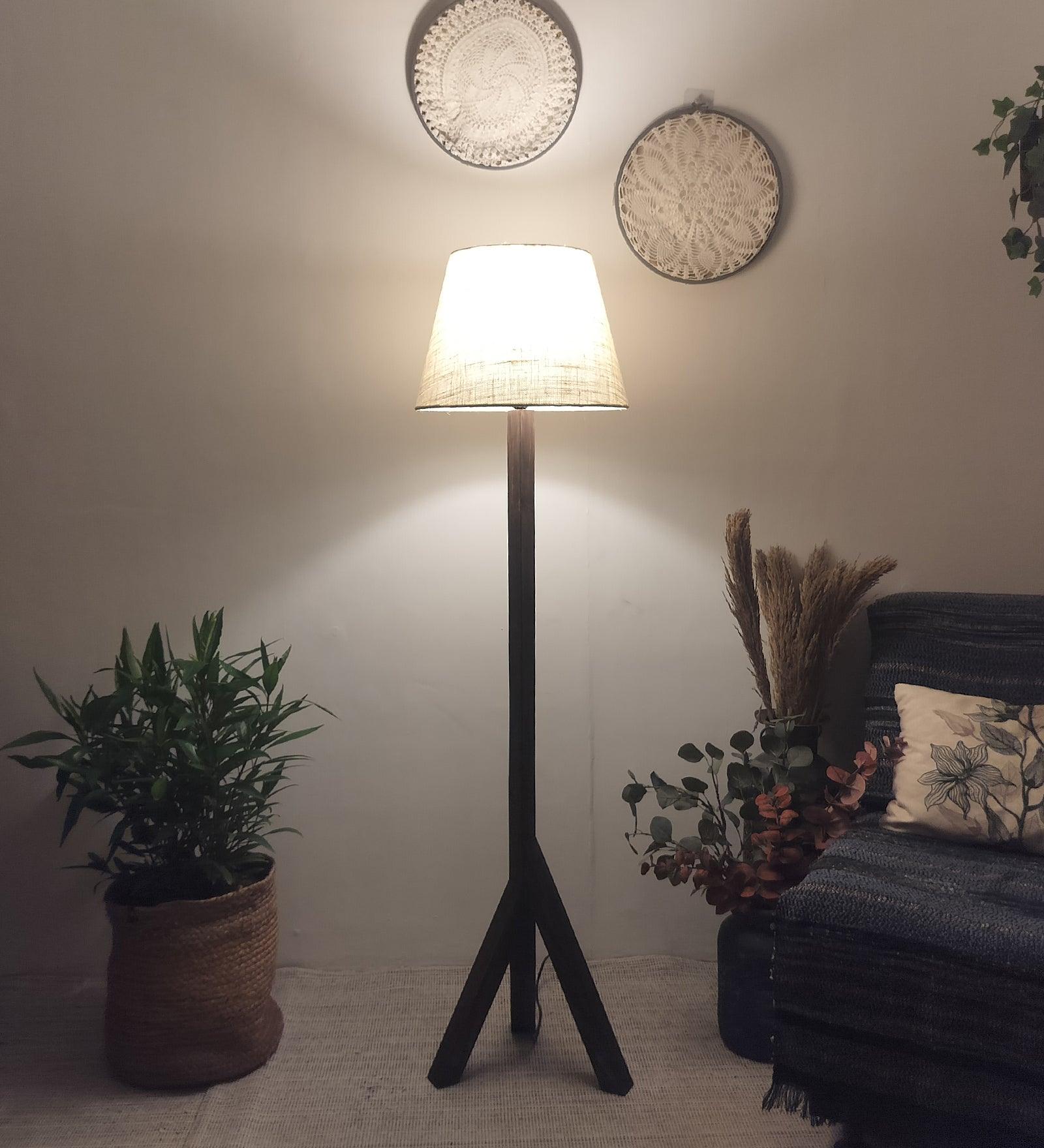 Trinca Wooden Floor Lamp with Brown Base and Jute Fabric Lampshade - WoodenTwist