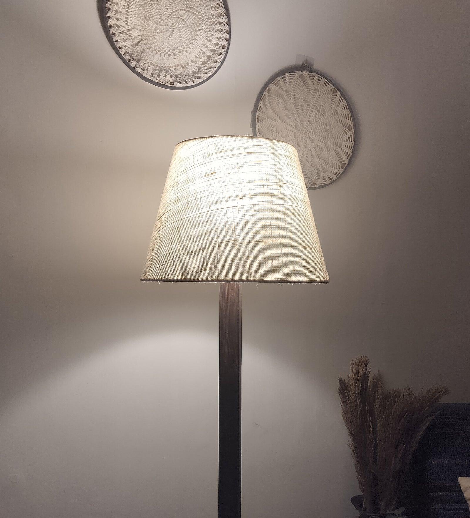 Trinca Wooden Floor Lamp with Brown Base and Jute Fabric Lampshade - WoodenTwist