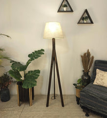 Triune Wooden Floor Lamp with Brown Base and Beige Fabric Lampshade - WoodenTwist