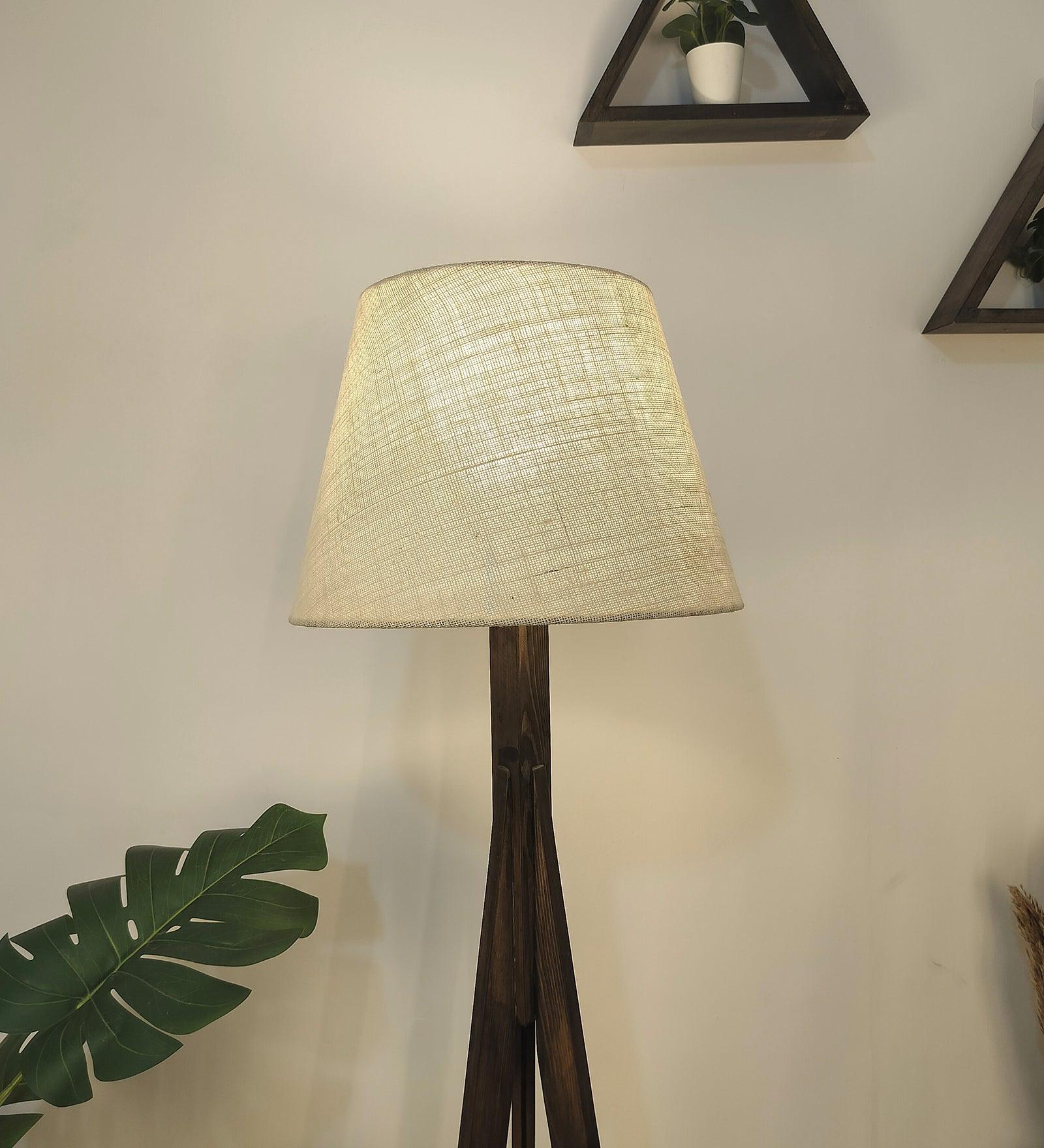 Triune Wooden Floor Lamp with Brown Base and Beige Fabric Lampshade - WoodenTwist