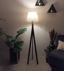 Triune Wooden Floor Lamp with Brown Base and Beige Fabric Lampshade - WoodenTwist