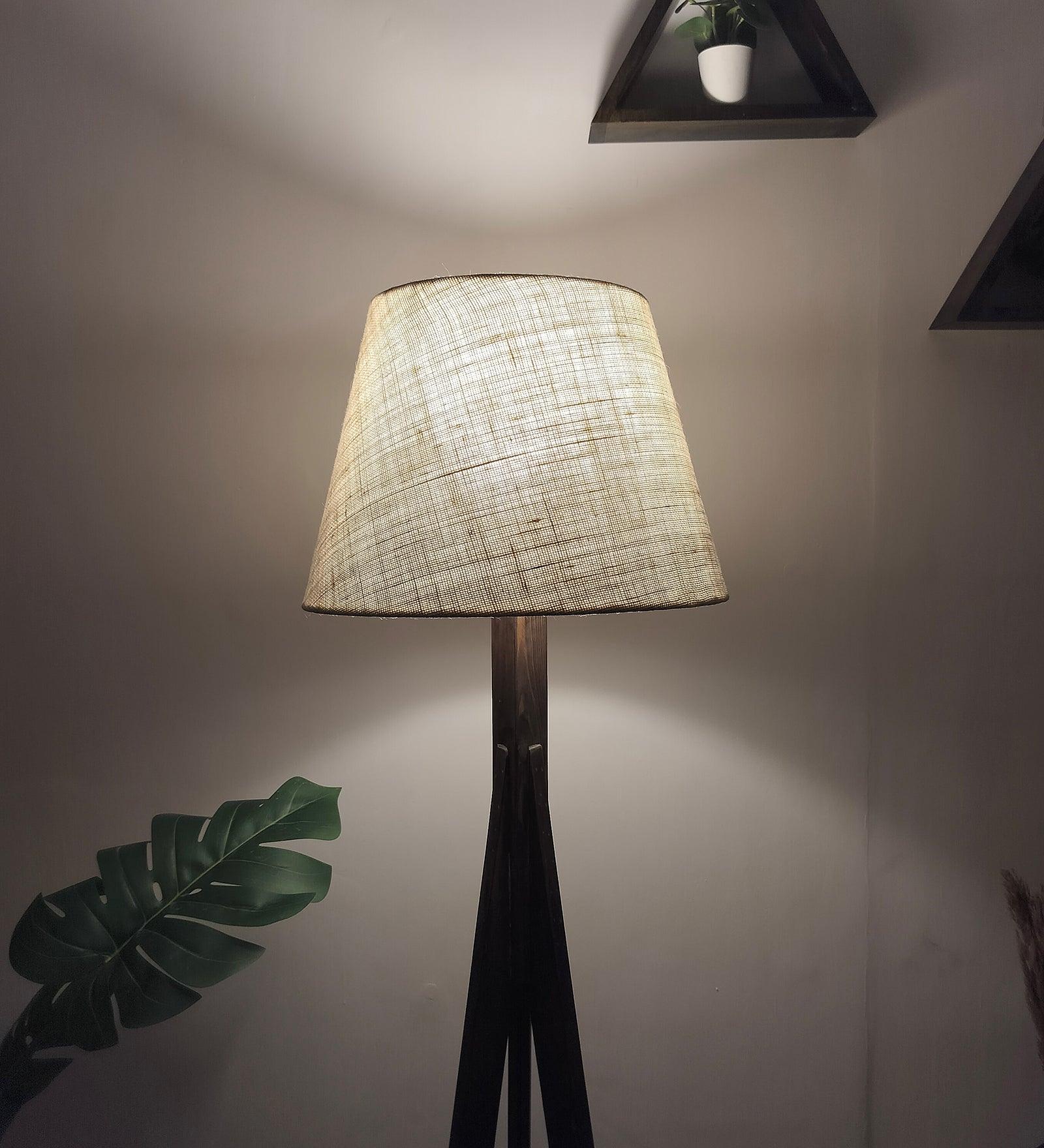 Triune Wooden Floor Lamp with Brown Base and Beige Fabric Lampshade - WoodenTwist