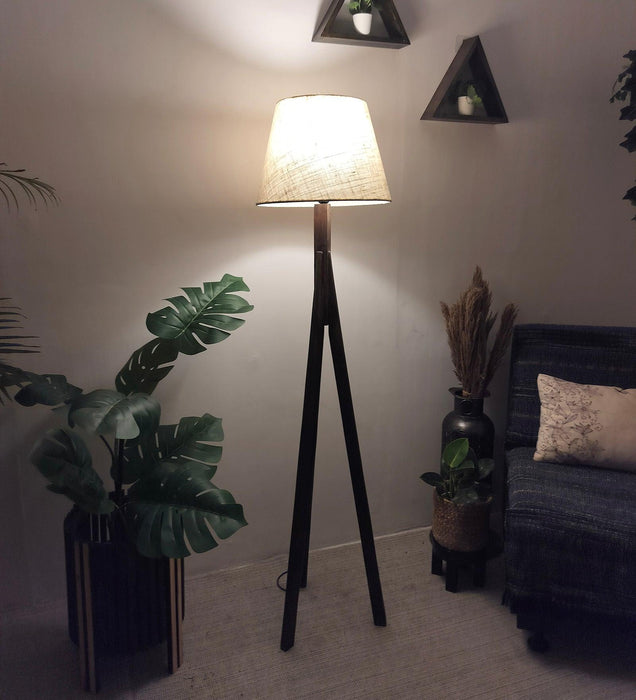 Triune Wooden Floor Lamp with Brown Base and Beige Fabric Lampshade - WoodenTwist