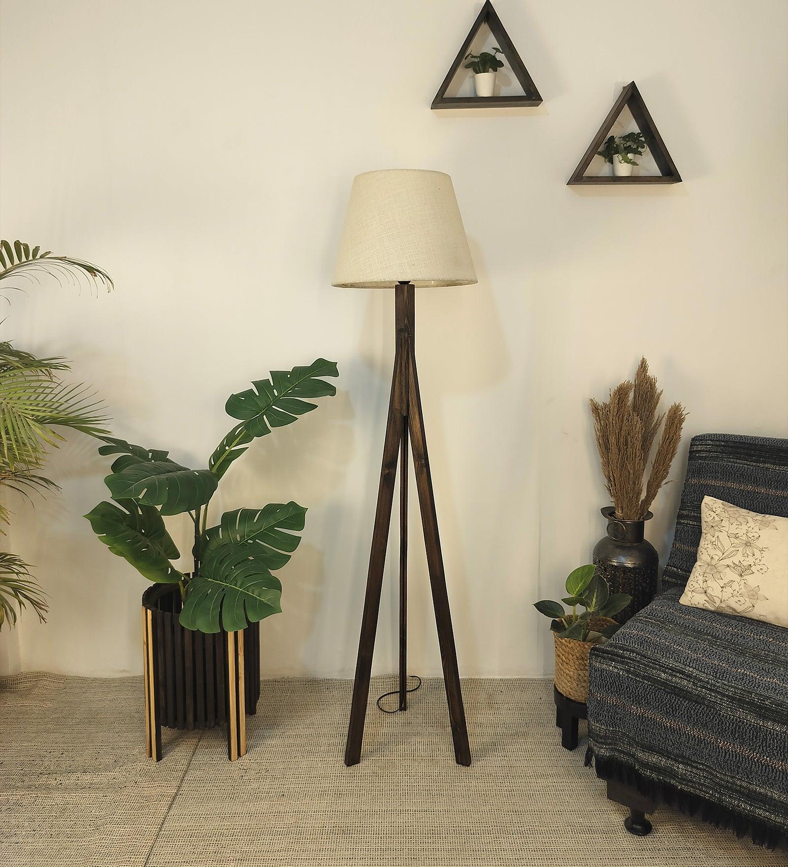 Triune Wooden Floor Lamp with Brown Base and Beige Fabric Lampshade - WoodenTwist