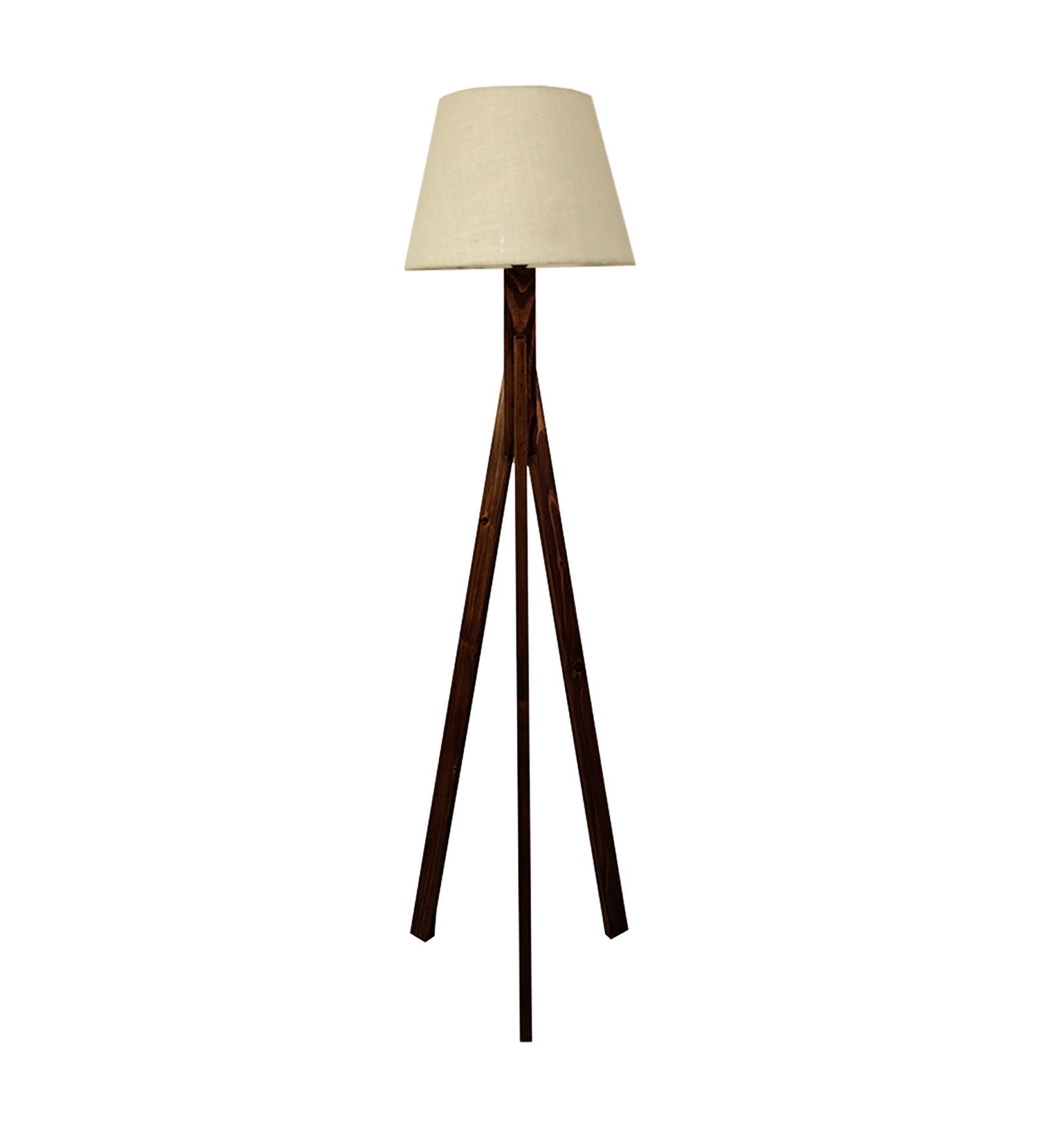 Triune Wooden Floor Lamp with Brown Base and Beige Fabric Lampshade - WoodenTwist