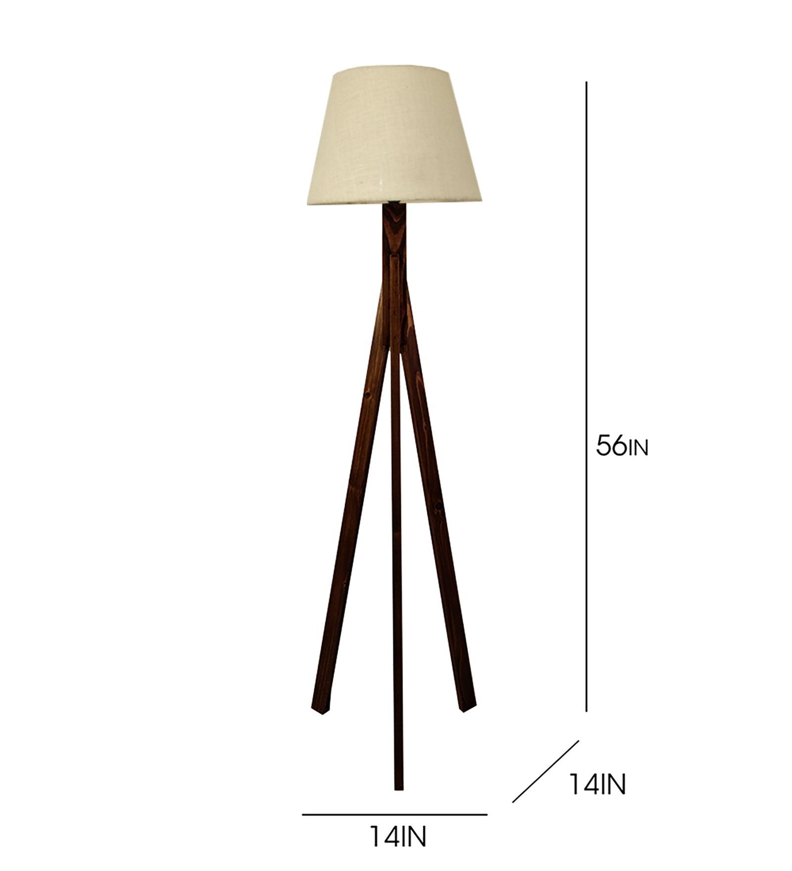 Triune Wooden Floor Lamp with Brown Base and Beige Fabric Lampshade - WoodenTwist