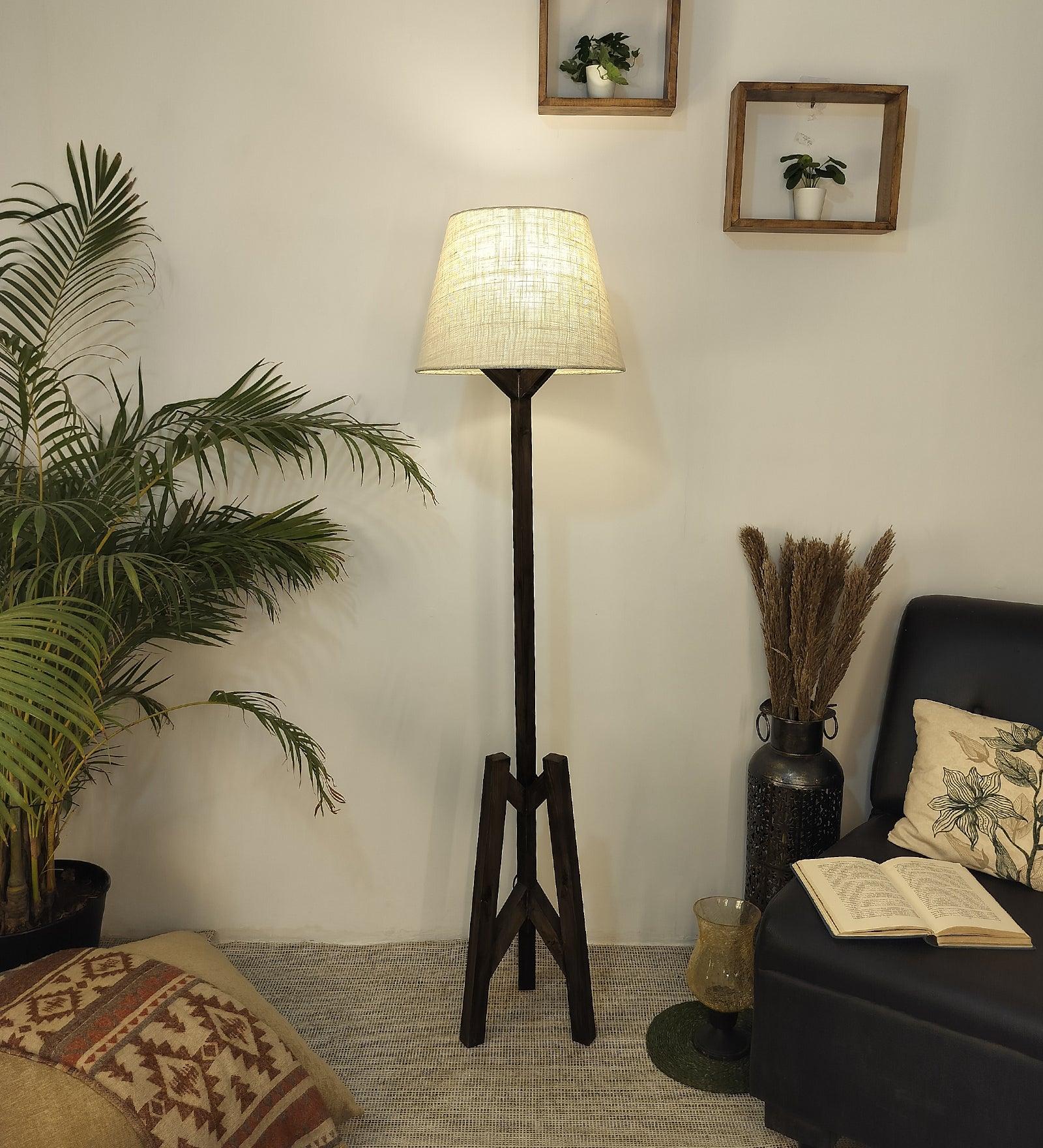 Troika Wooden Floor Lamp with Brown Base and Premium Beige Fabric Lampshade - WoodenTwist