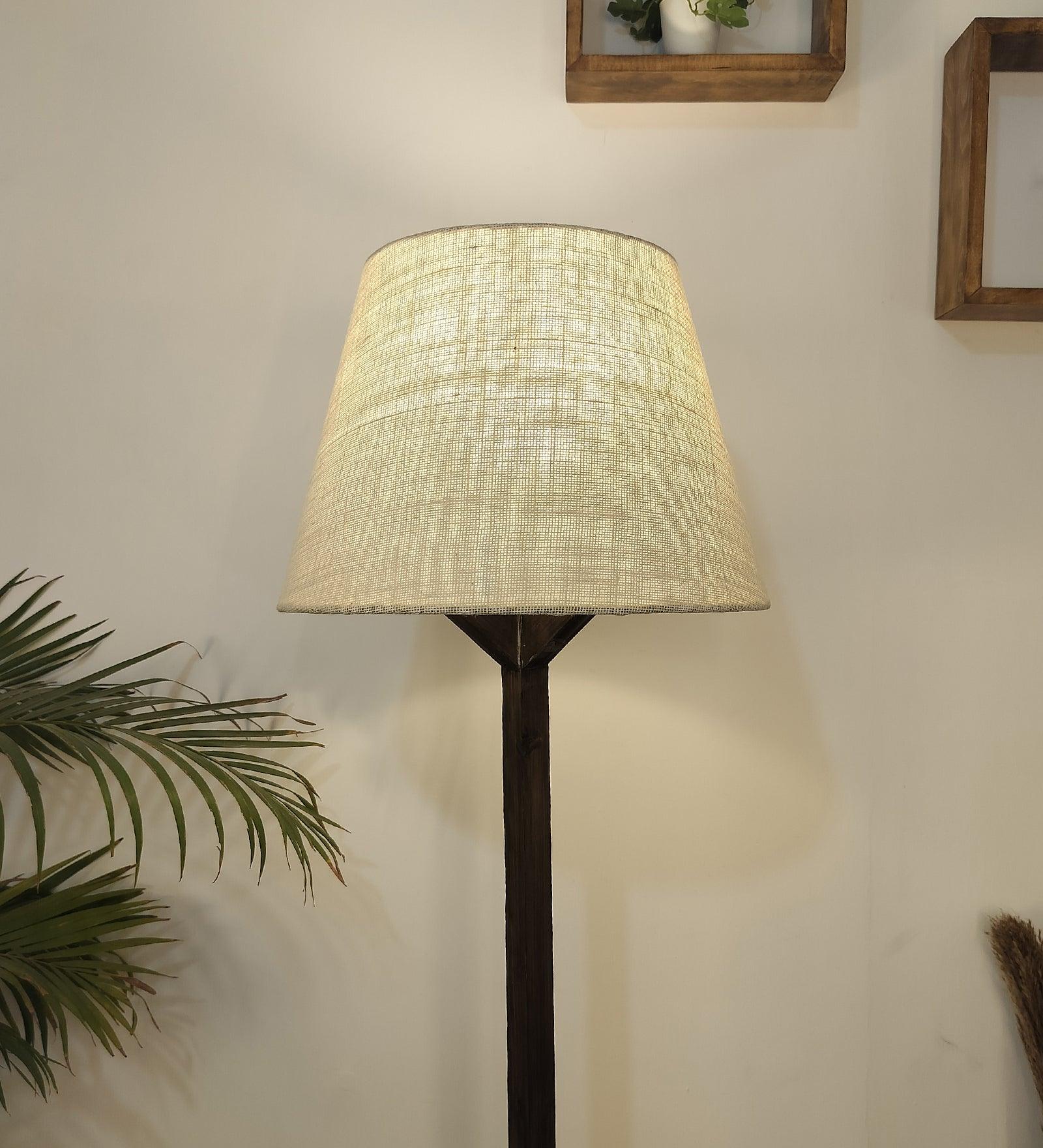 Troika Wooden Floor Lamp with Brown Base and Premium Beige Fabric Lampshade - WoodenTwist