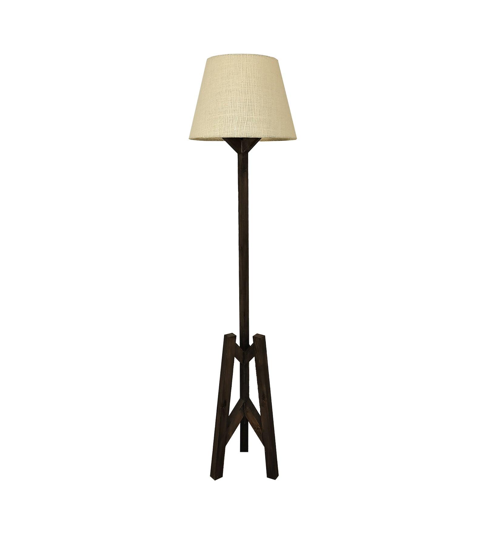 Troika Wooden Floor Lamp with Brown Base and Premium Beige Fabric Lampshade - WoodenTwist