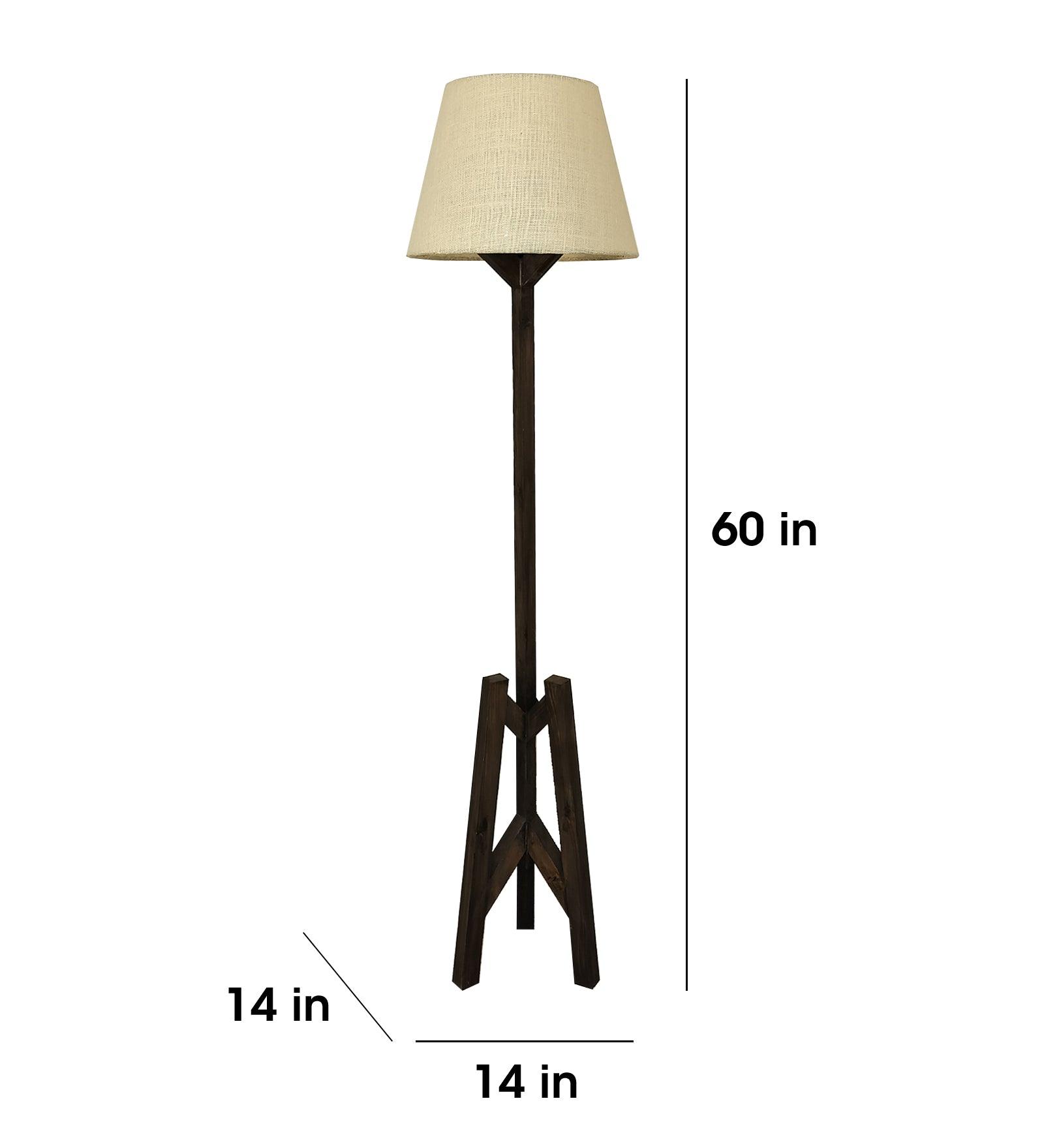 Troika Wooden Floor Lamp with Brown Base and Premium Beige Fabric Lampshade - WoodenTwist