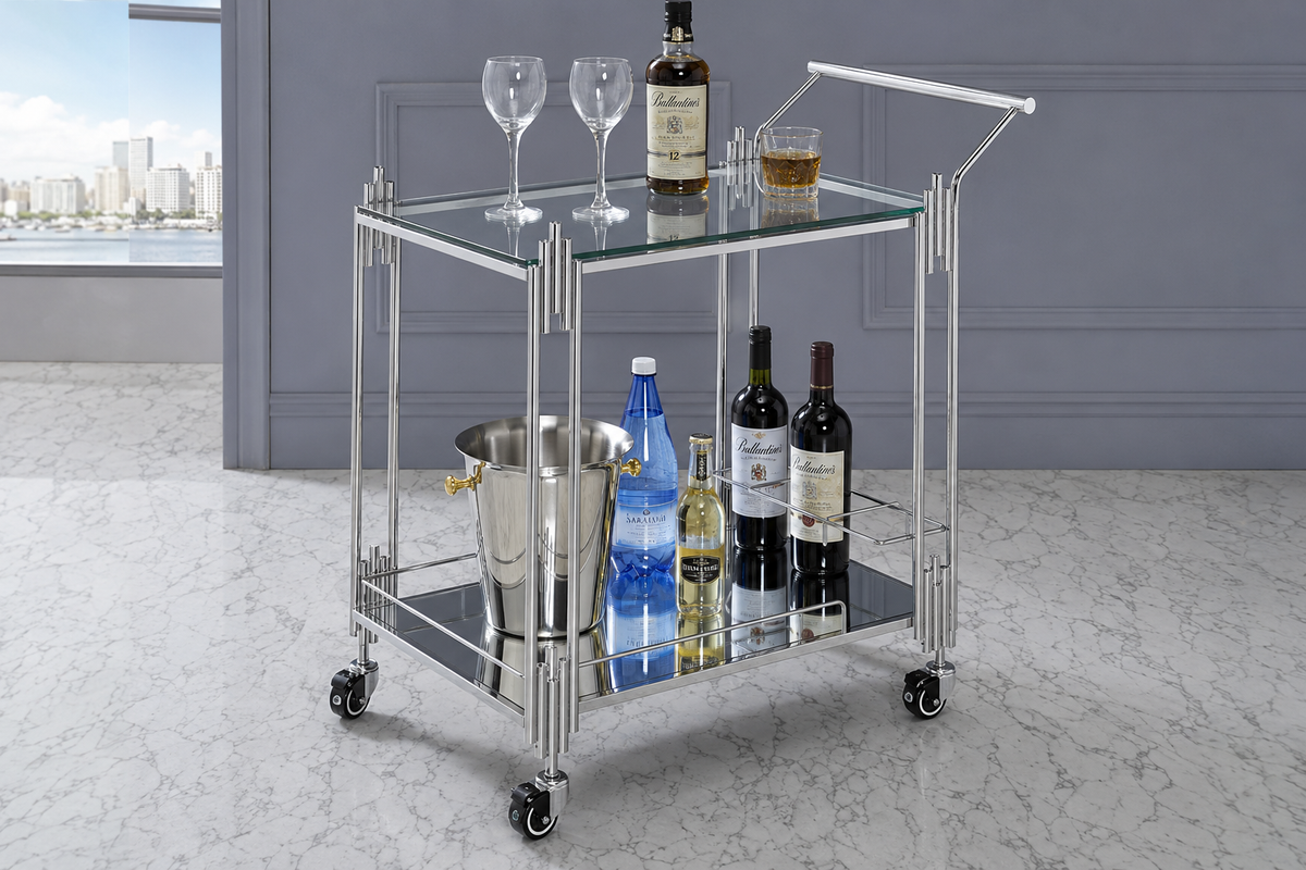 Modern Nickel Tone Stainless Steel Rectangle Trolley with Clear Glass - 2 Tier Bar Cart