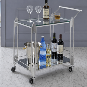 Modern Nickel Tone Stainless Steel Rectangle Trolley with Clear Glass - 2 Tier Bar Cart