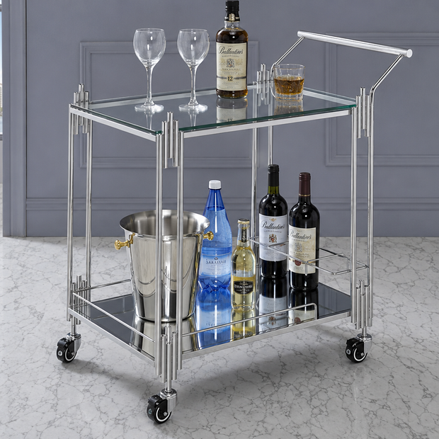 Modern Nickel Tone Stainless Steel Rectangle Trolley with Clear Glass - 2 Tier Bar Cart