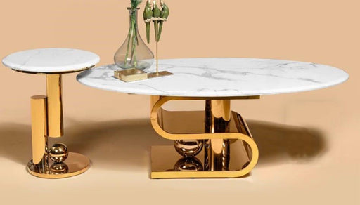 Golden Oval Centre Table Set with Curvy Design and Marble Top