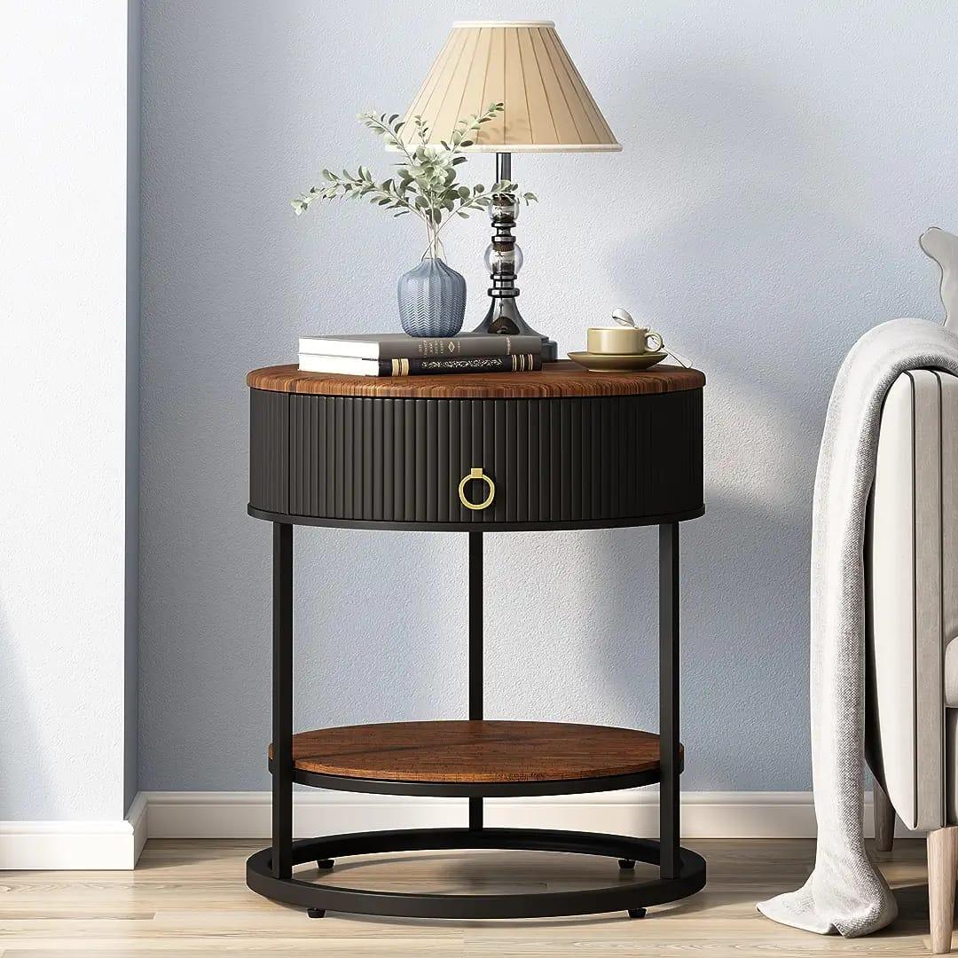 Luxurious Round Iron Side Table with Drawer - Black