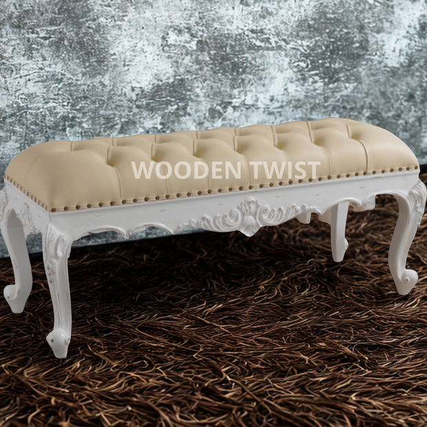 Wooden Twist Fiona Crystal Button Tufted Teak Wood 2 Seater Bench for Elegant Living Room (Antique White) - WoodenTwist
