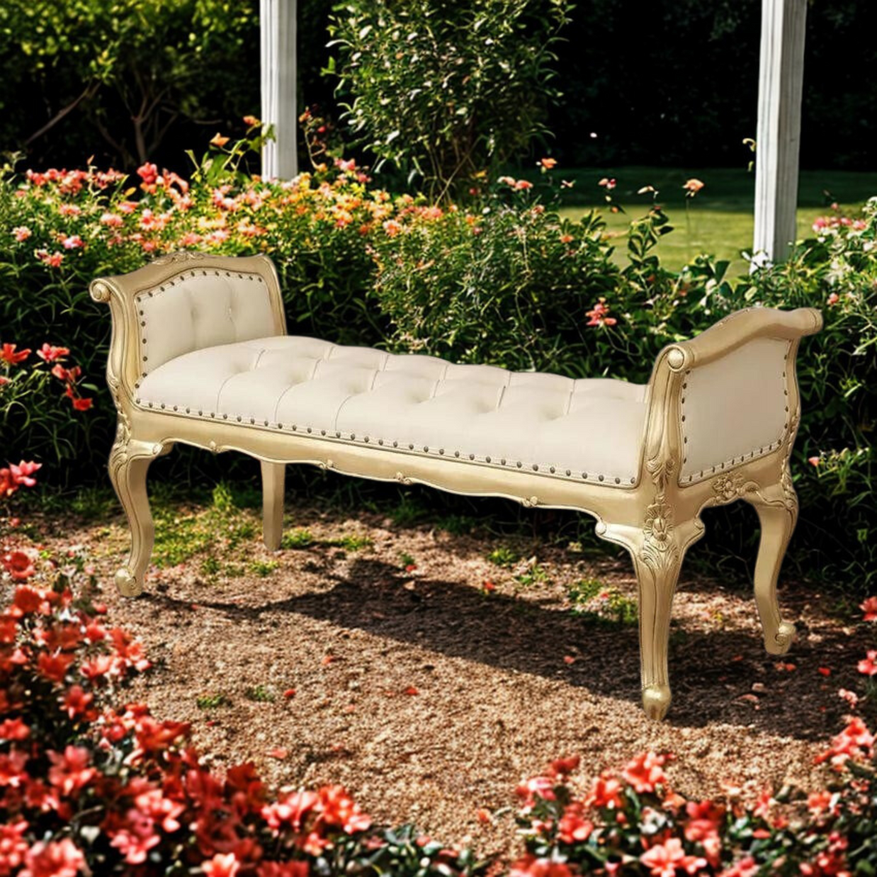 Wooden Twist Carissa French Baroque Style Crystal Button Teak Wood Bench Hand Carved Antique-Inspired Seating for Elegant Liv