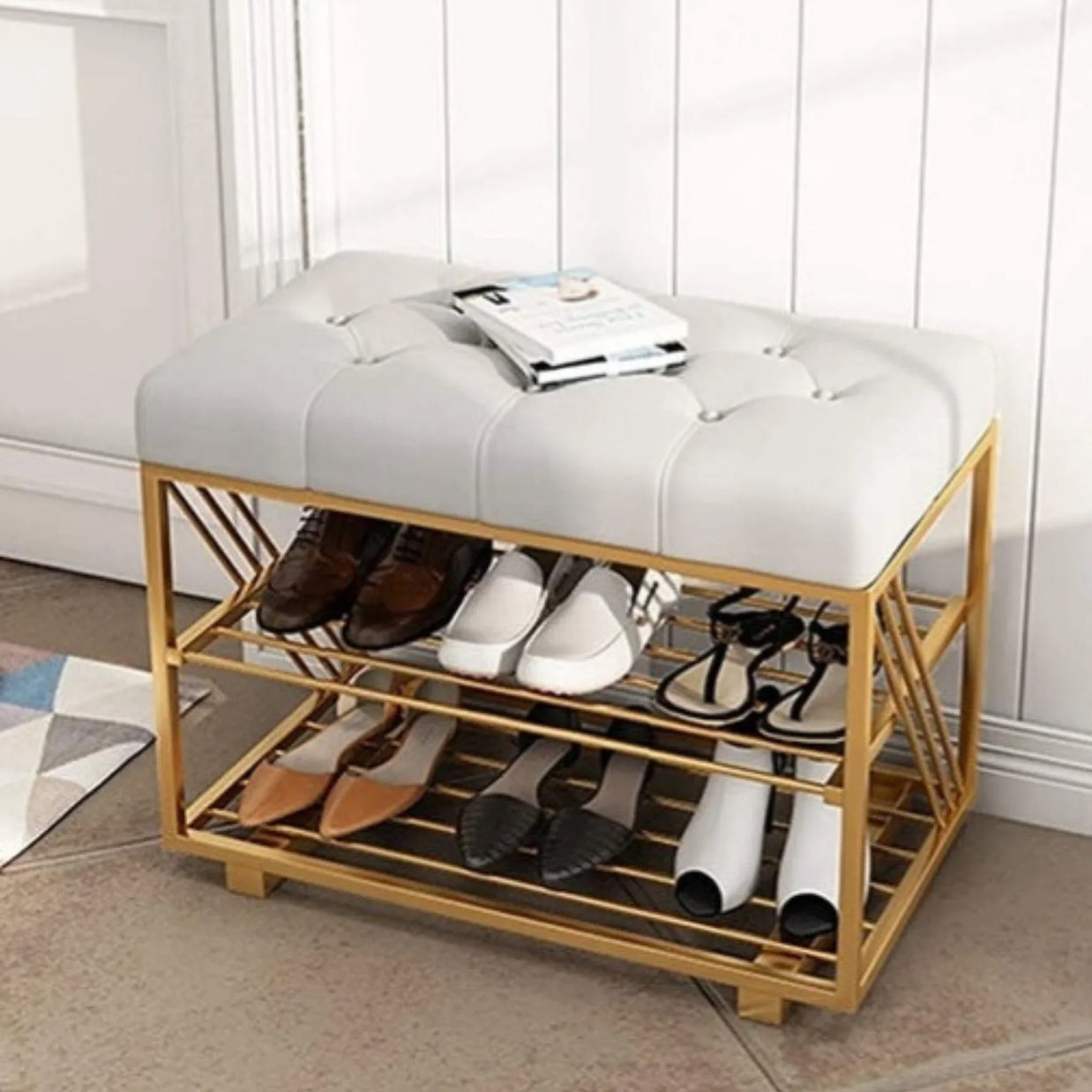 Morden Solid Metal Rectangular Shoe Rack in Golden Finish. - WoodenTwist