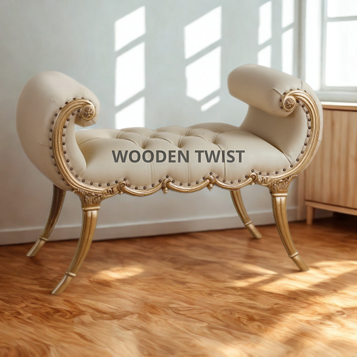 Monterno Sheesham Wood Bench Couch ( Golden Finish ) - WoodenTwist