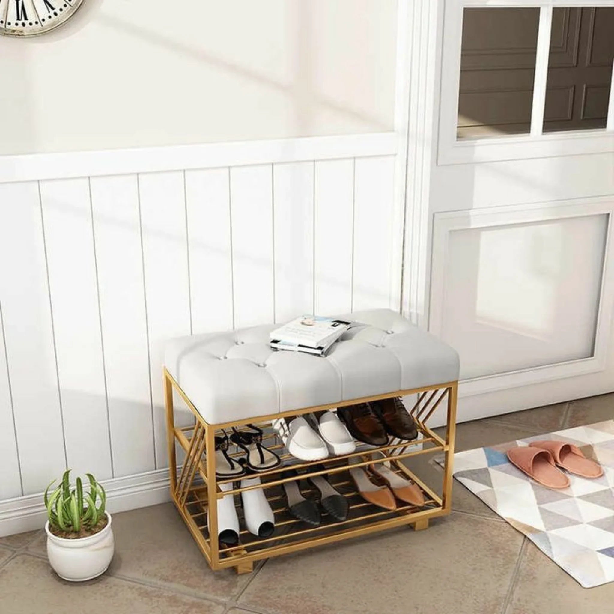 Morden Solid Metal Rectangular Shoe Rack in Golden Finish. - WoodenTwist