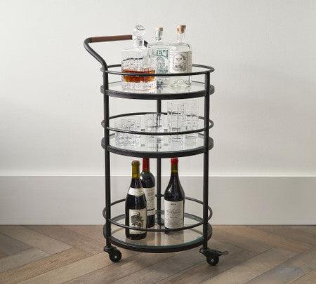 Black Round Two Tier Bar Cart Trolley with Clear Glass Shelves