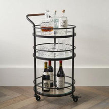 Black Round Two Tier Bar Cart Trolley with Clear Glass Shelves