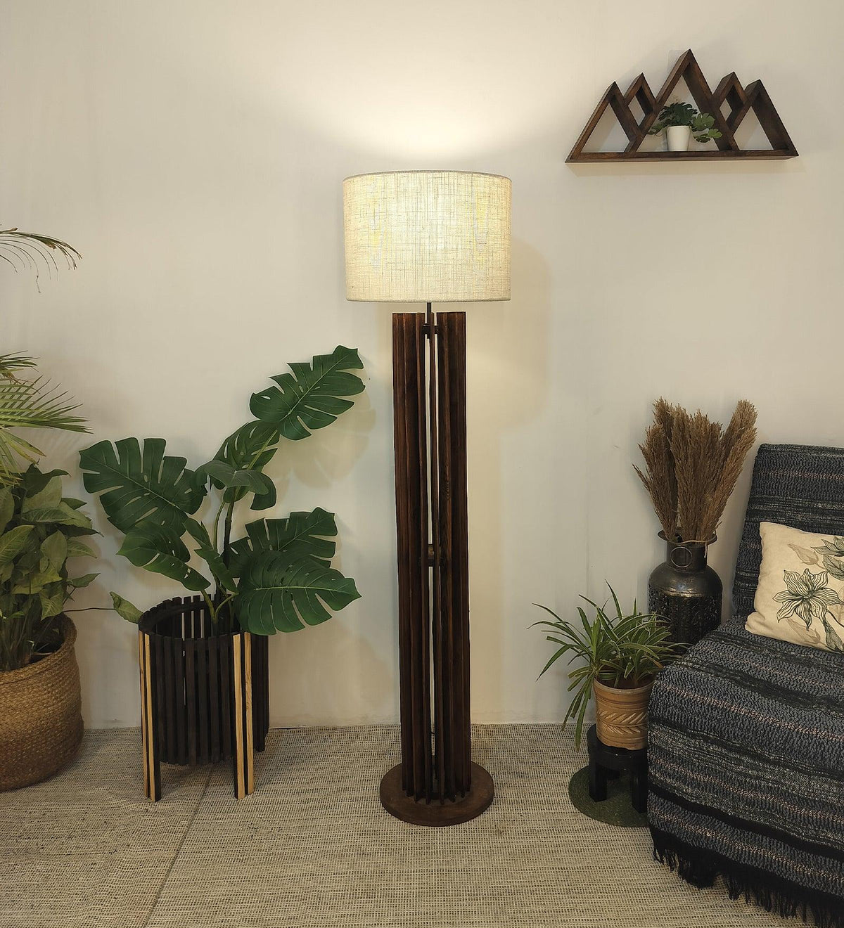 Ventus Wooden Floor Lamp with Premium Beige Fabric Lampshade - WoodenTwist