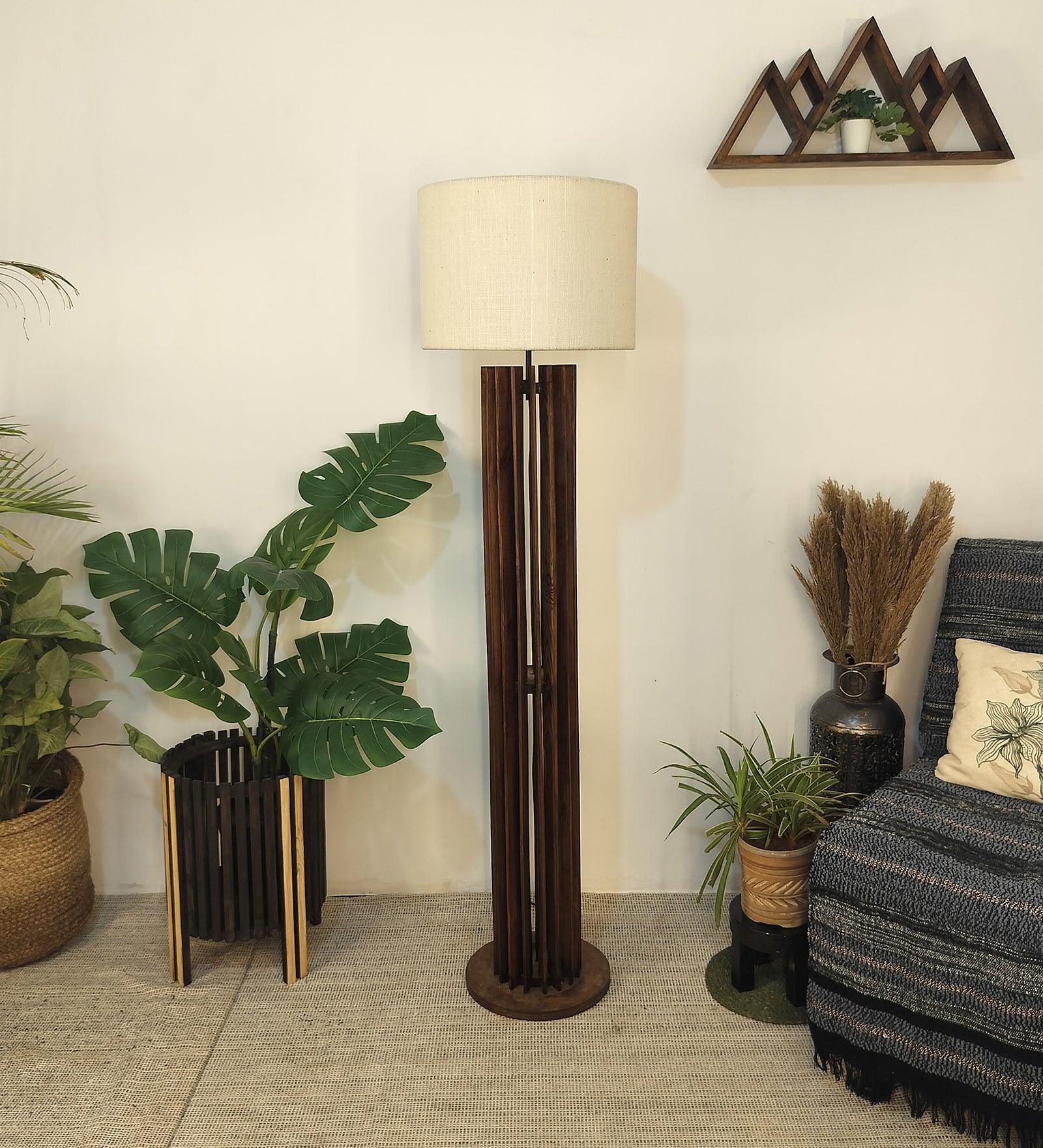 Ventus Wooden Floor Lamp with Premium Beige Fabric Lampshade - WoodenTwist