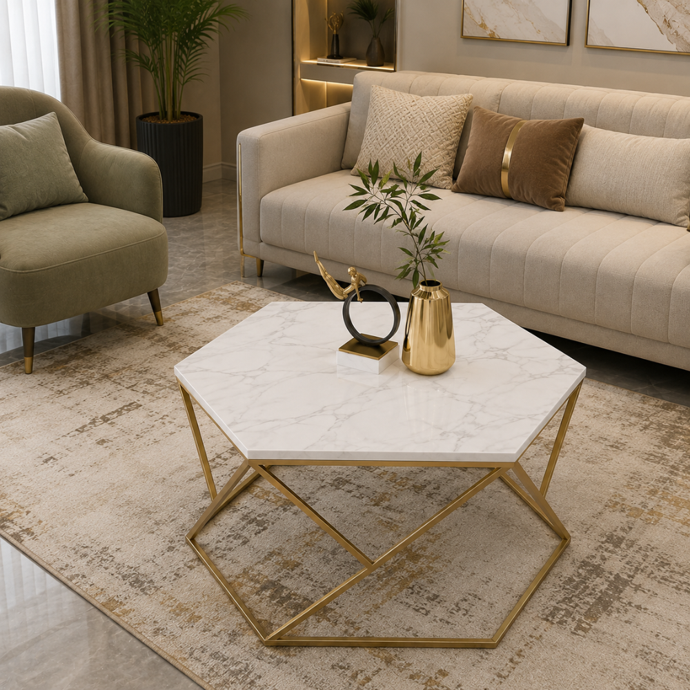 Vortexa Hexagon Design Coffee Table with Marble Top Modern & Elegant Nesting Table