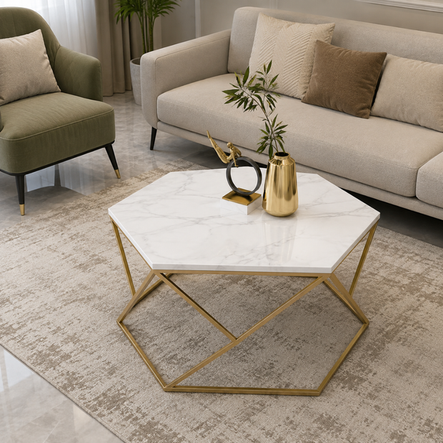 Vortexa Hexagon Design Coffee Table with Marble Top Modern & Elegant Nesting Table