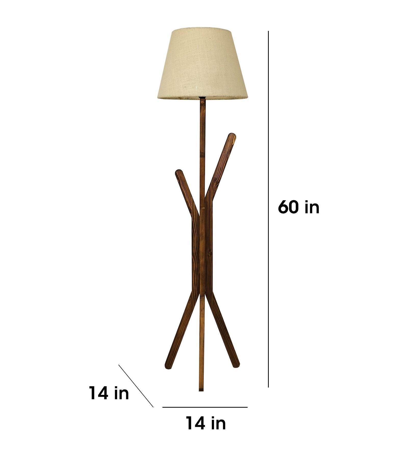 Vrikshya Wooden Floor Lamp with Brown Base and Premium Beige Fabric Lampshade - WoodenTwist