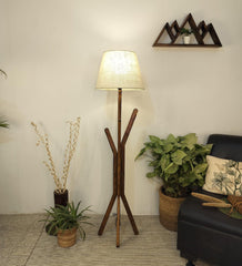 Vrikshya Wooden Floor Lamp with Brown Base and Premium Beige Fabric Lampshade - WoodenTwist