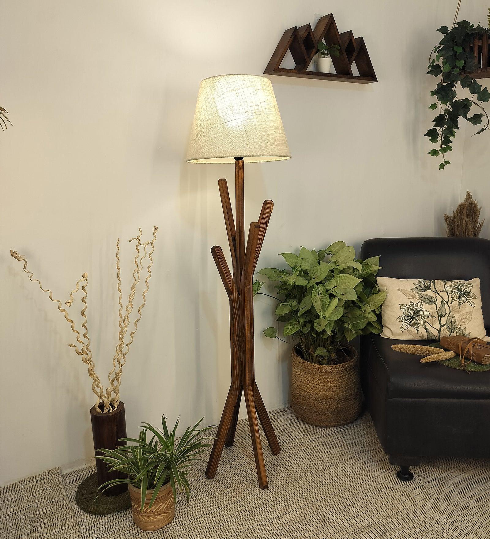 Vrikshya Wooden Floor Lamp with Brown Base and Premium Beige Fabric Lampshade - WoodenTwist