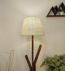 Vrikshya Wooden Floor Lamp with Brown Base and Premium Beige Fabric Lampshade - WoodenTwist