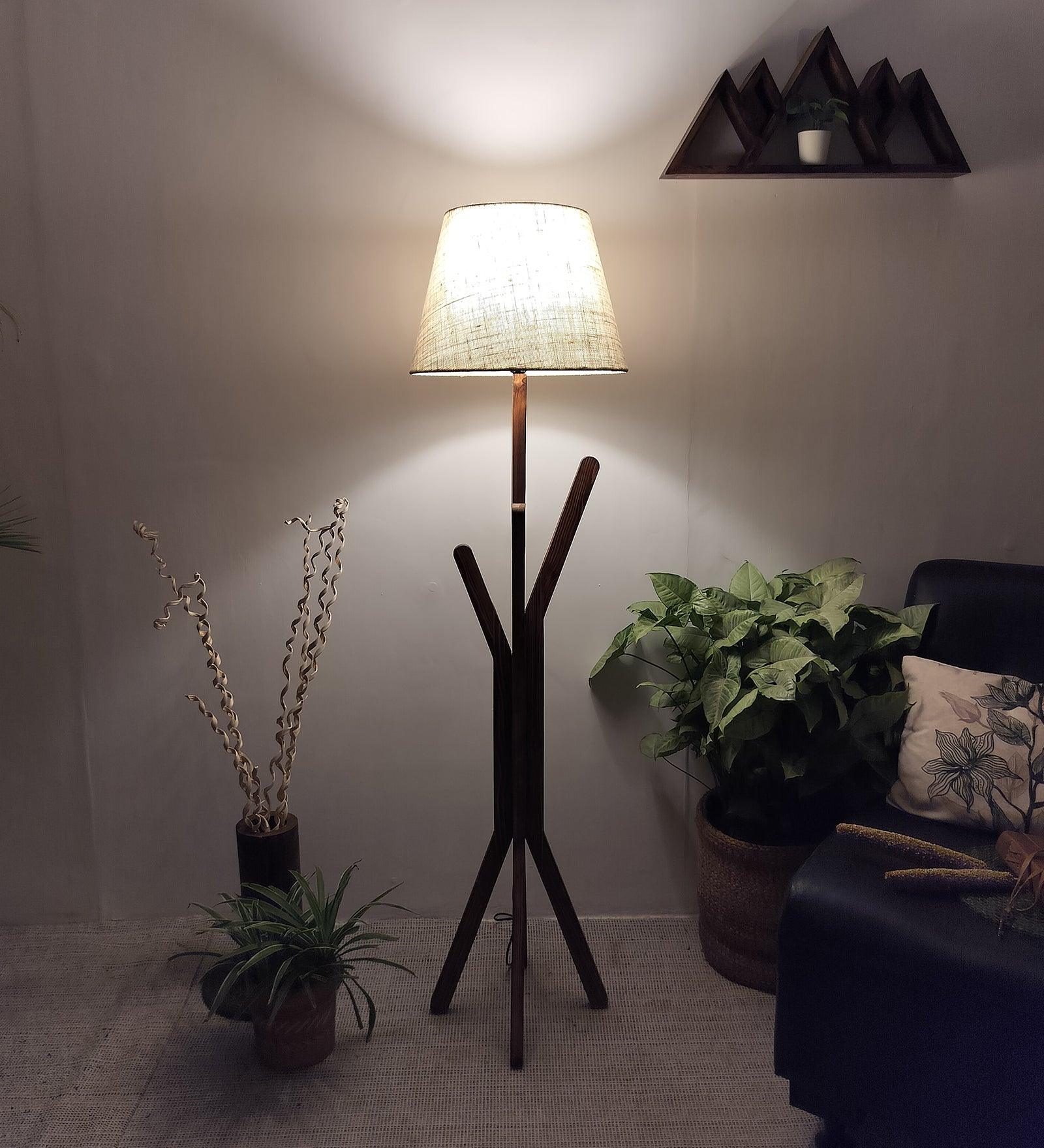 Vrikshya Wooden Floor Lamp with Brown Base and Premium Beige Fabric Lampshade - WoodenTwist