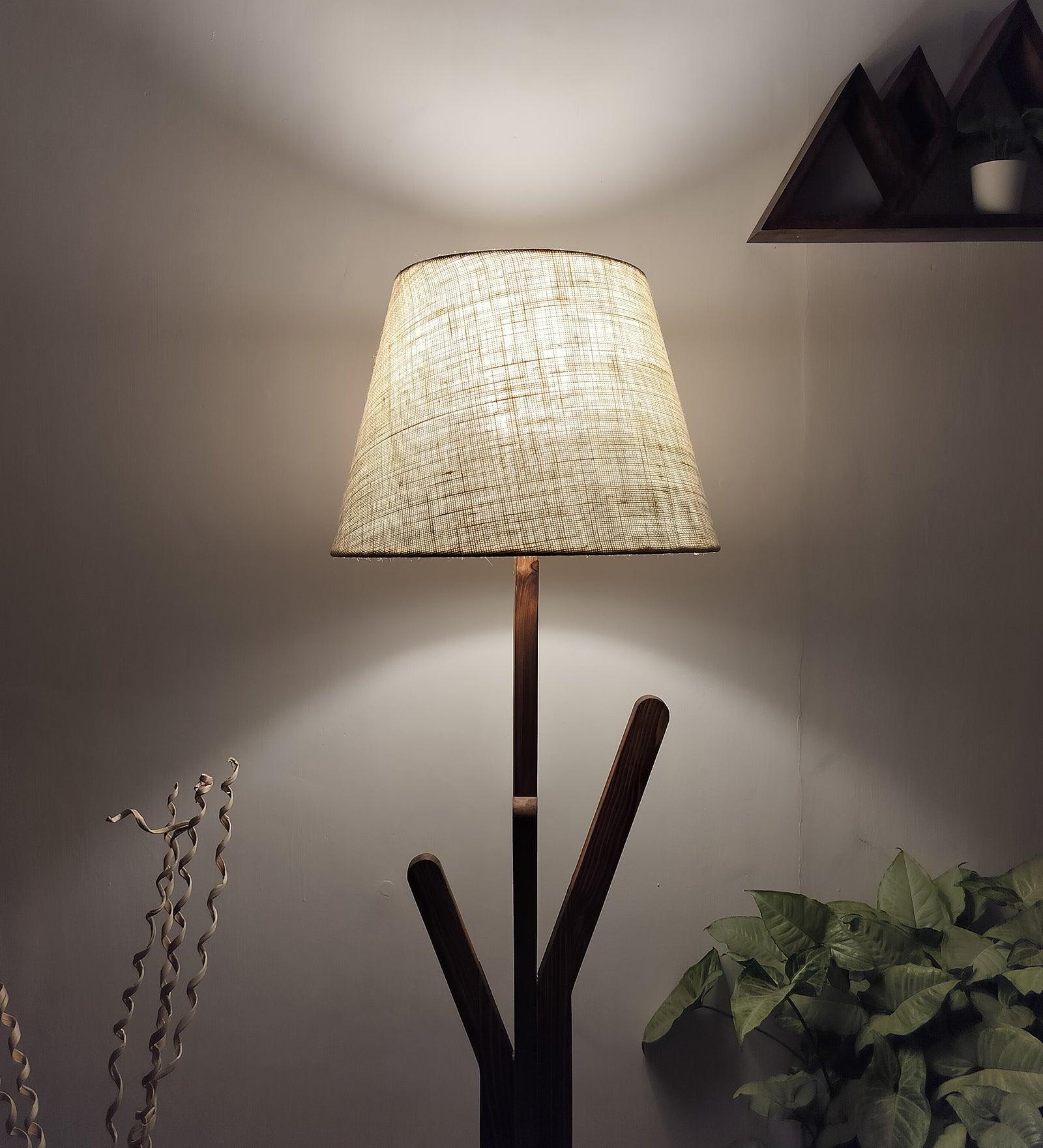 Vrikshya Wooden Floor Lamp with Brown Base and Premium Beige Fabric Lampshade - WoodenTwist